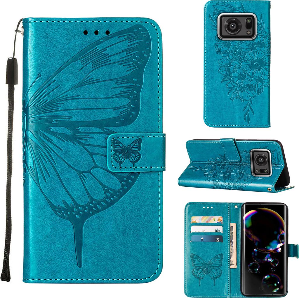 Sharp Aquos R6 Hülle, Schmetterling Prägung Flip Leder Kartenfächer Schutzhülle Ledertasche mit Ständer für Sharp Aquos R6 Blau