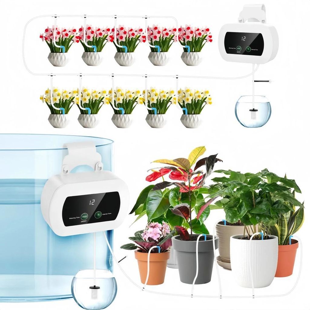 Bewässerungssystem Automatische Bewässerung für 10 Topfpflanzen, 300 Bewässerungsmodi, Indoor Wiederaufladbar Bewässerungssystem mit 10M Schlauch