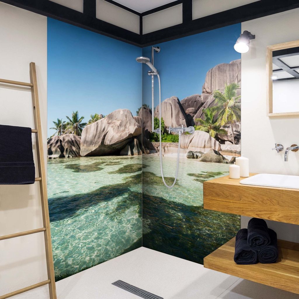 Duschrückwand Strand selbstklebend - 0.35 mm Wandpaneel wasserfest Karibik türkis Tropisch Badrückwand fugenlos Smart matt 80x200 cm