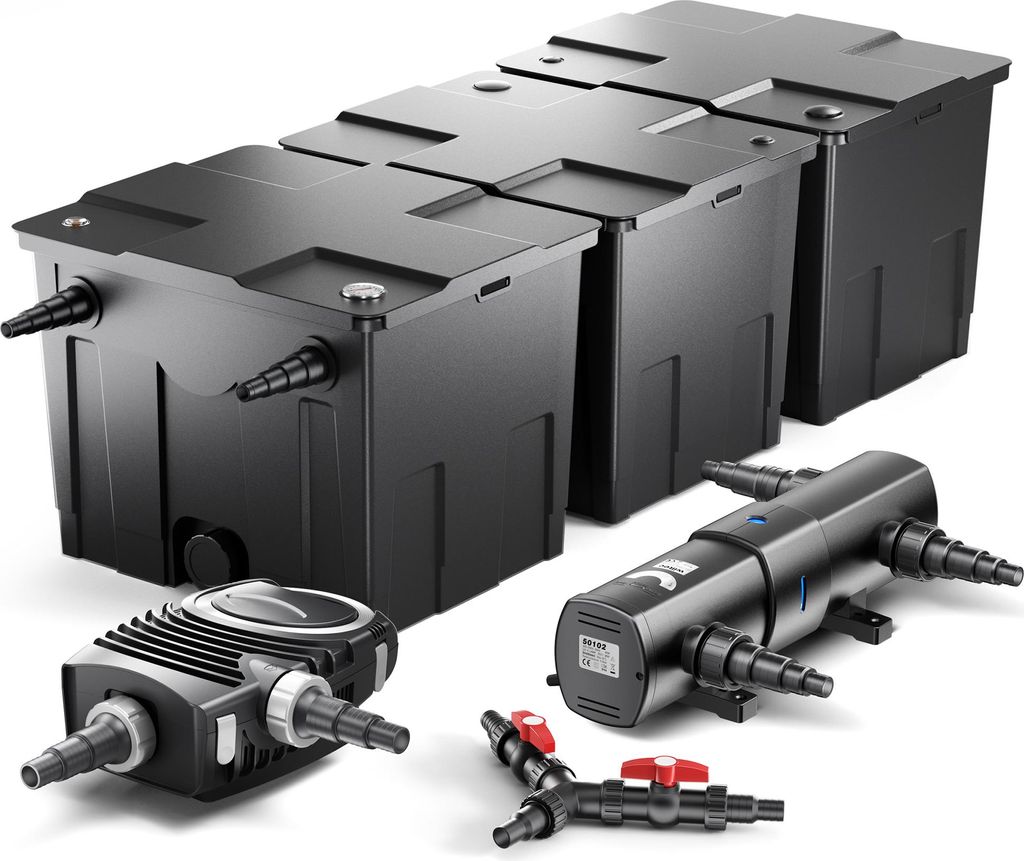 SunSun Komplettset: CBF-350C Teichfilter bis 90000 L Teichfilteranlage als Durchlauffilter, NEO10000 SuperECO Teichpumpe 10000l/h 80W, CUV-236 Teic...
