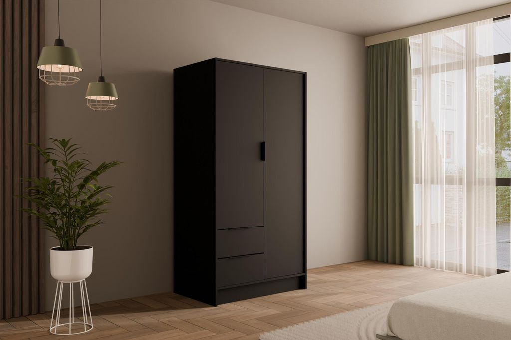 ALTDECOR Kleiderschrank mit Flügeltüren, Garderobenschrank mit viel Stauraum, Vielseitiger Drehtürenschrank, Schrank KOLIN 100x200 cm Schwarz
