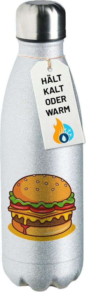 Huuraa Sportflasche Burger Comic Geschenk 500ml Silver Wasserflasche Burger Überraschung