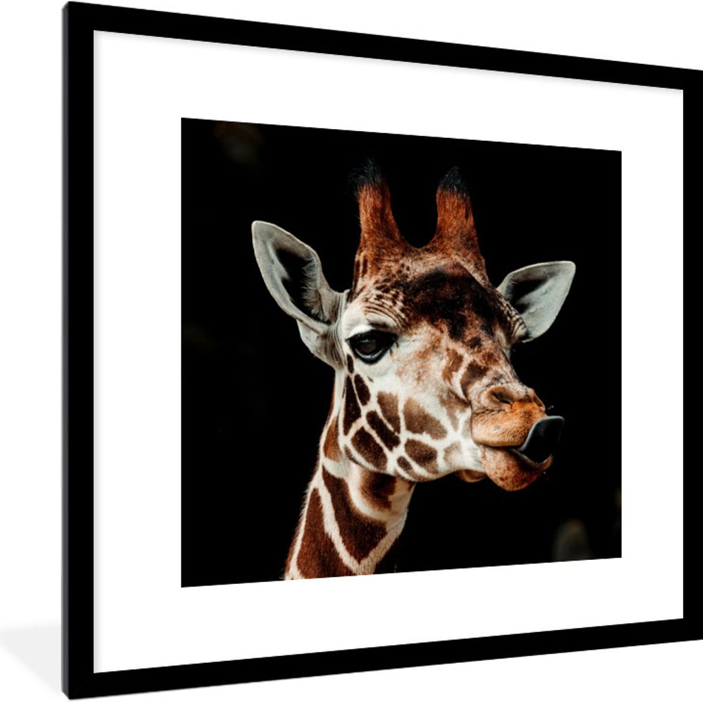 MuchoWow Gerahmtes Poster Giraffe - Tiere - Schwarz 40x40 cm - Poster mit Schwarzem Bilderrahmen Wandposter Rahmen Foto Bilder - Poster - Plakat ...