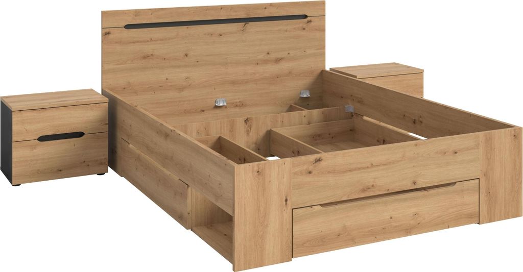 Homes & Jones Schlafzimmer-Set Sova – Bettgestell mit Stauraum 140x200 cm & 2 Nachttische
