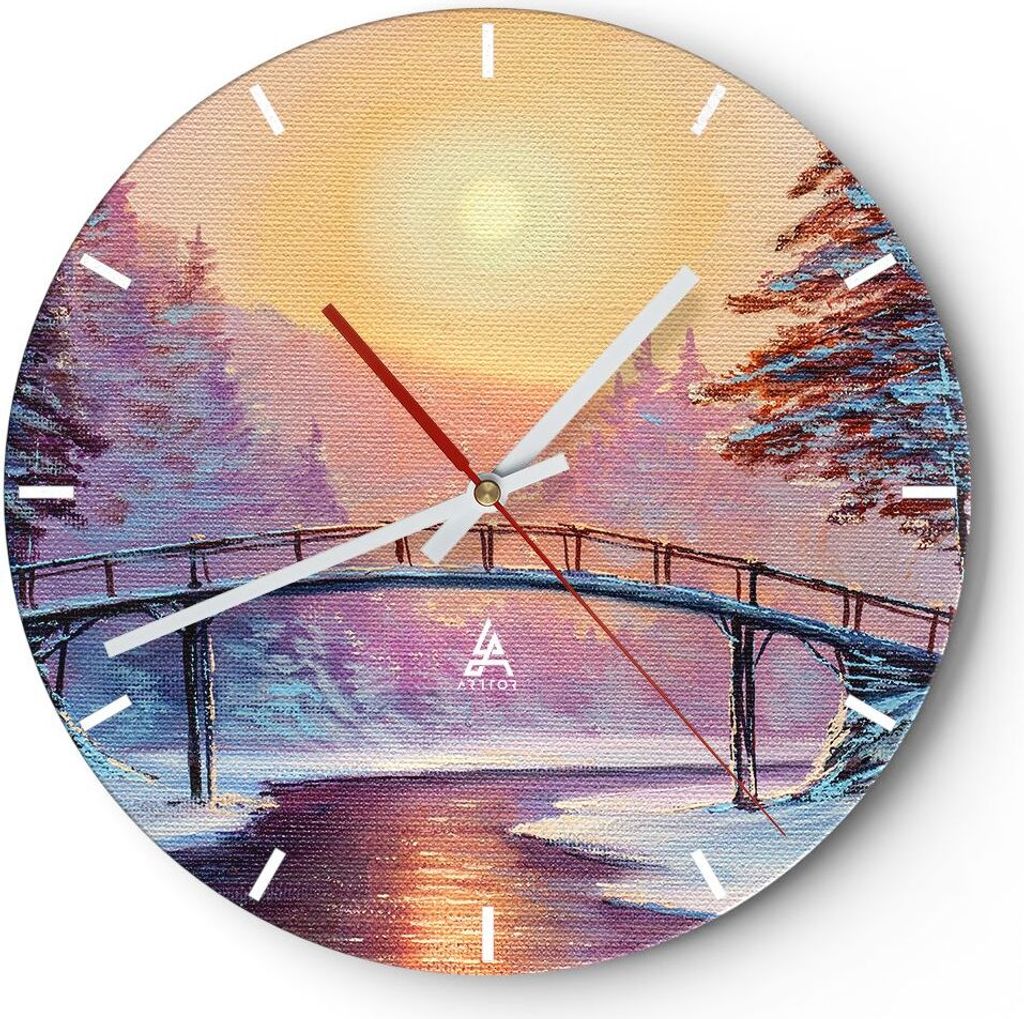 Wanduhr - Rund - Glasuhr - Park Winter Brücke - 30x30cm - Schleichendes Uhrwerk - Lautlos - zum Aufhängen bereit - Dekoration Modern - Wanddekora...