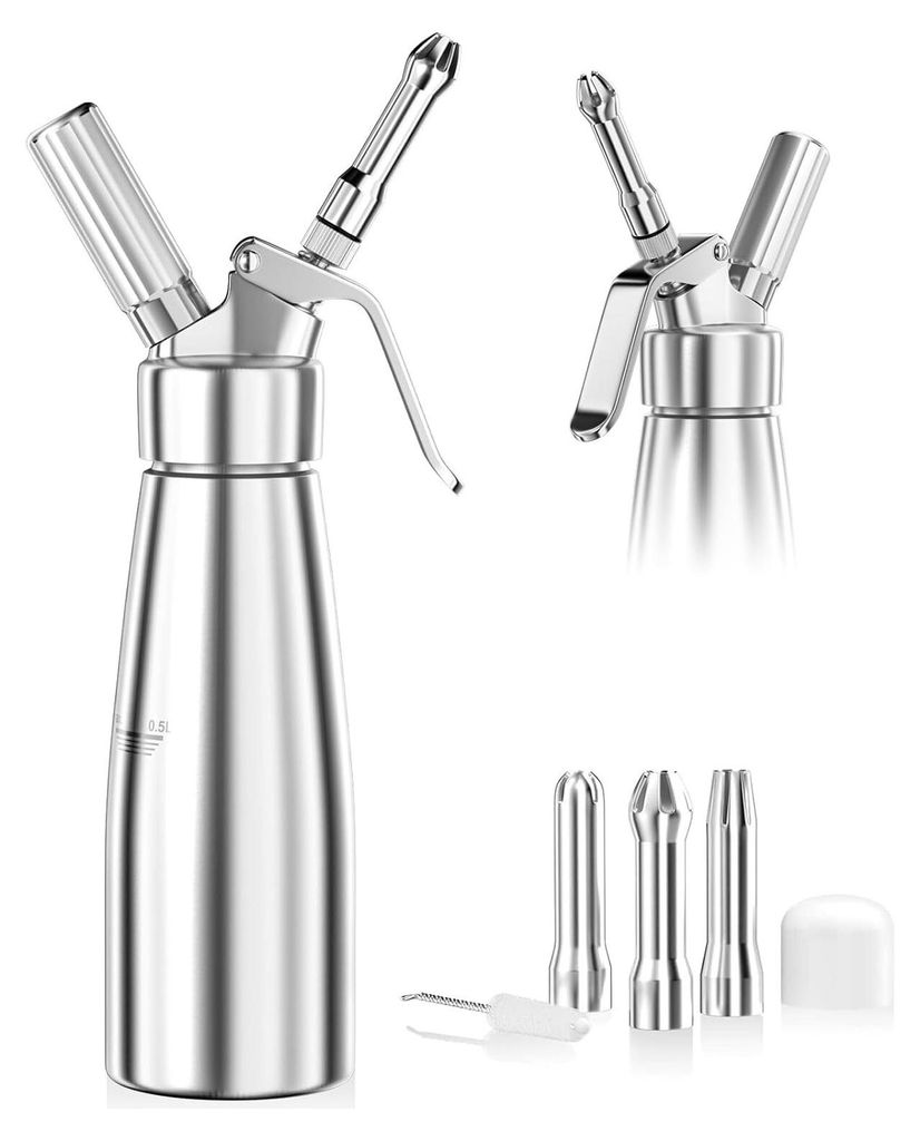 500ml sahnespender, Sahnesyphon Aluminium mit 3 Edelstahl Deko-Düsen und 1 Reinigungbürste, Auslaufsicherer sahnesiphon für die Zubereitung von ...
