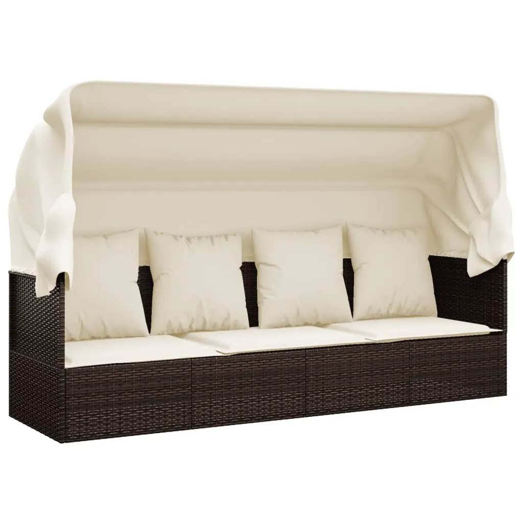 Lit lounge de jardin marron avec toit rétractable et coussins