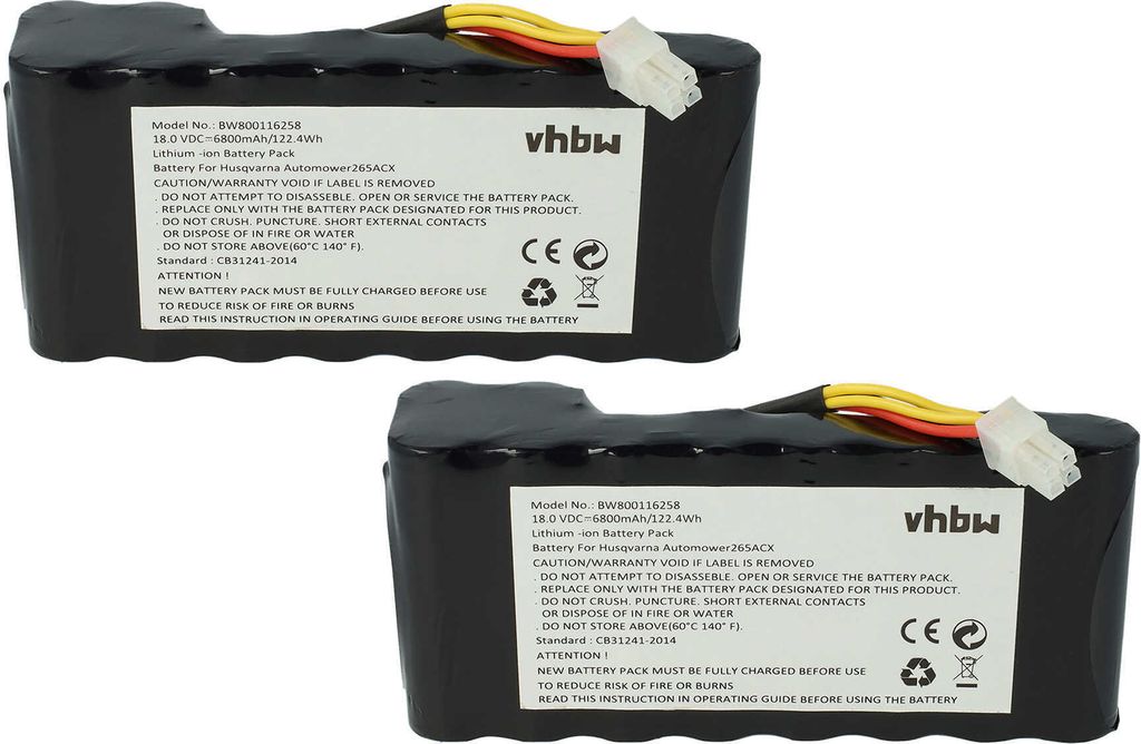 vhbw 2x Akku kompatibel mit Husqvarna Automower 320, 435X AWD, 430X bis BJ 2019/2020, 420 bis BJ 2019/2020, 330X Rasenroboter (6800mAh 18V Li-Ion)