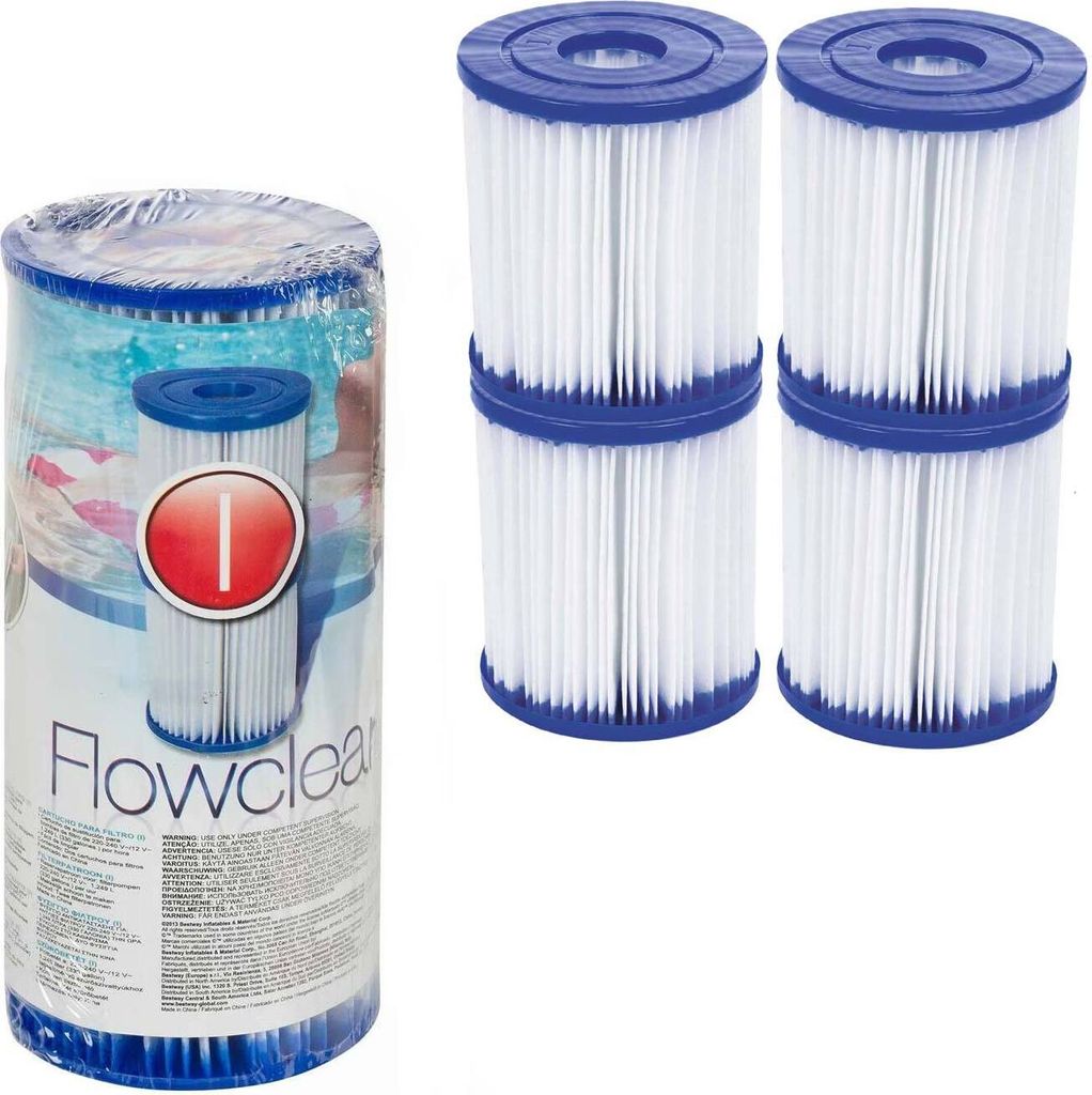 A package of four Bestway Flowclear filter cartridges is shown next to four individual cartridges.