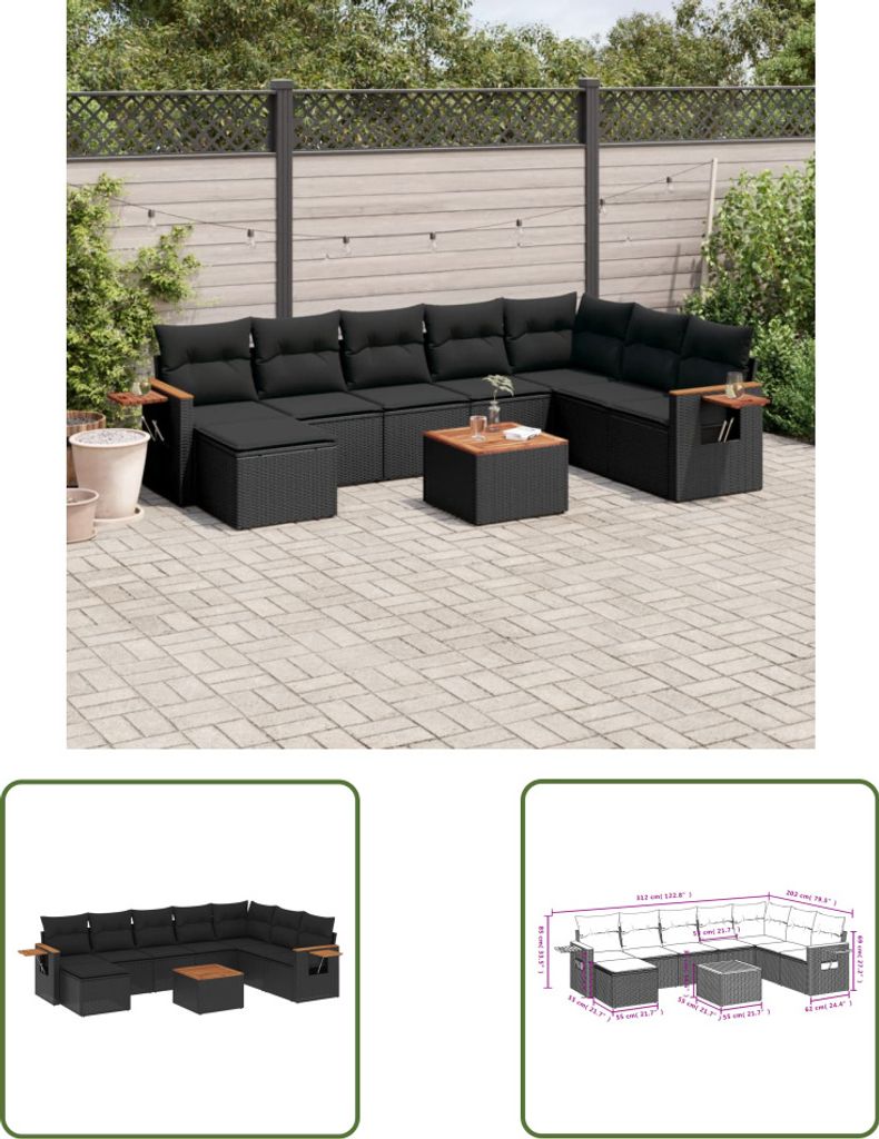 The Living Store 9-tlg. Garten-Sofagarnitur mit Kissen Schwarz Poly Rattan