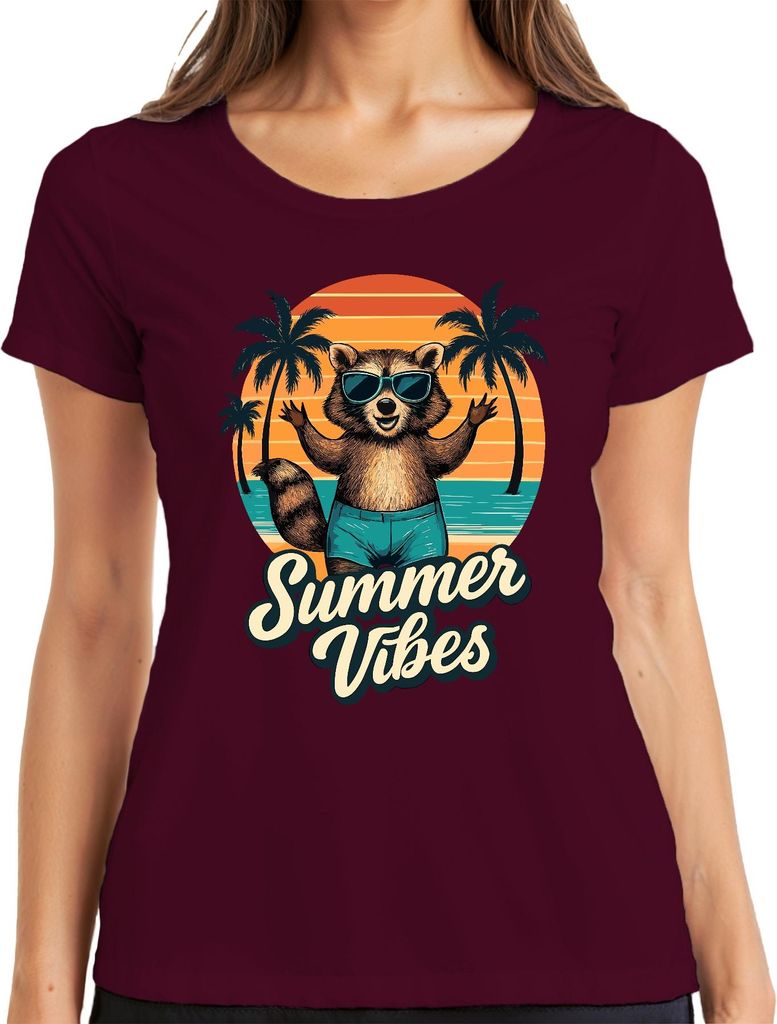 Summer Vibes Waschbär Sonnenbrille Strand Palmen Retro Vintage Damen T-Shirt, Burgundy, XXL