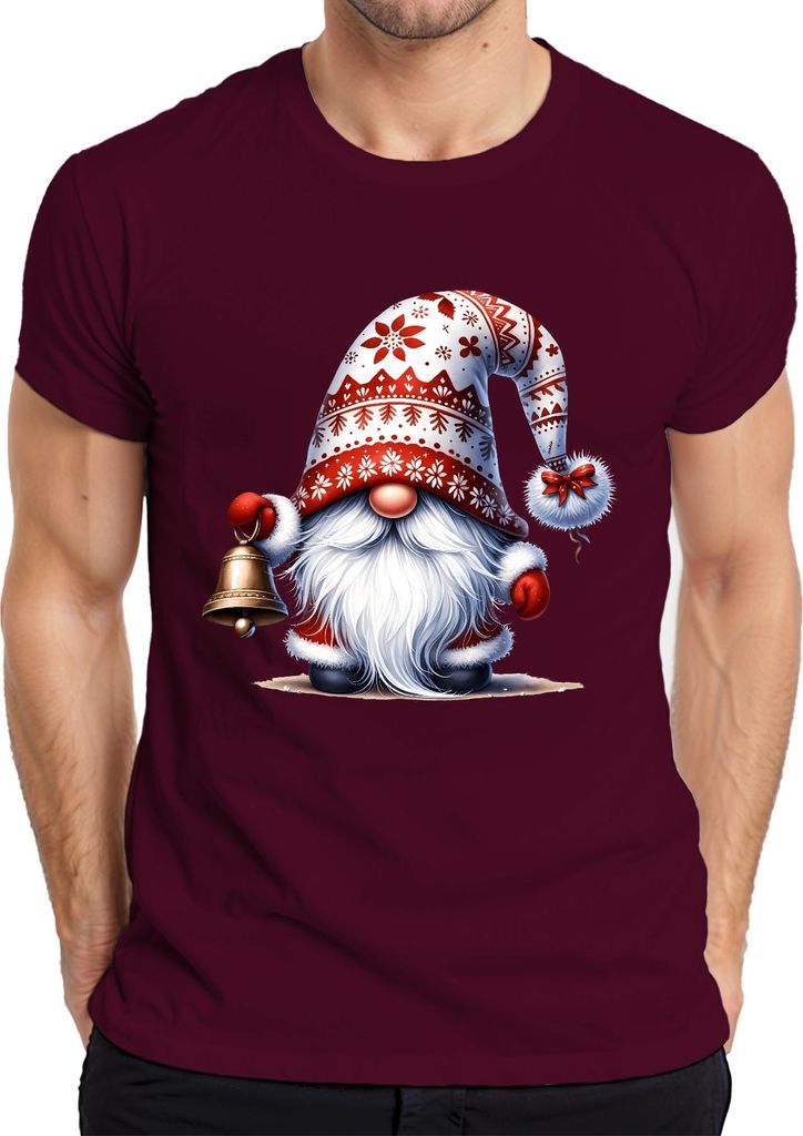Süßer Weihnachtsgnom mit Glocke und Weihnachtsmütze Wichtel Zwerg Herren T-Shirt, Burgundy, 3XL