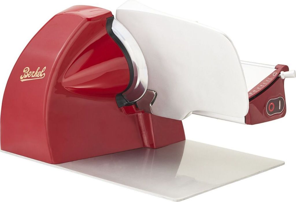 A red and white electric food slicer with the brand name 'Berkel' visible.