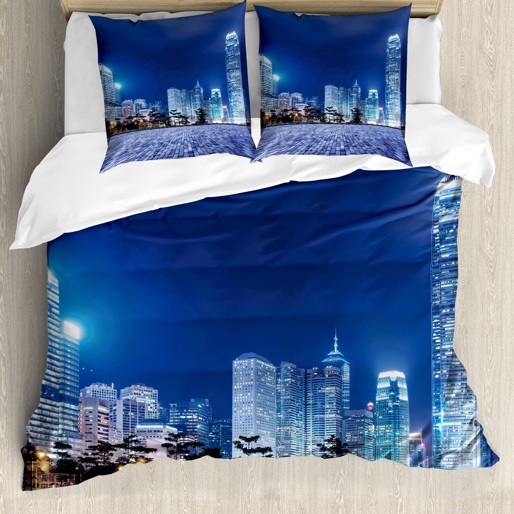 ABAKUHAUS Städtisch Bettbezug, Hong Kong Skyline Nacht, Milbensicher Allergiker geeignet mit Kissenbezügen, 155 cm x 220 cm - 80 x 80 cm, Purpleg...