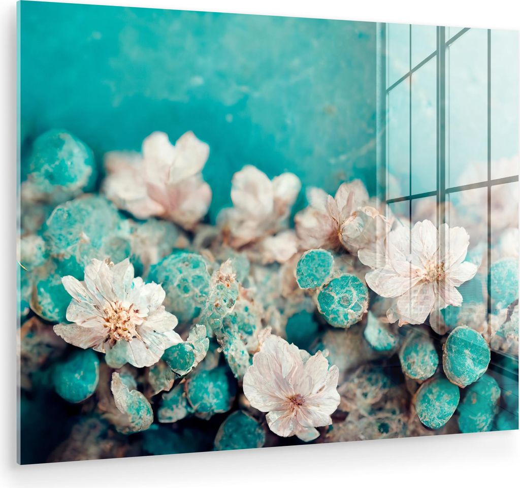 MuchoWow Glasbilder - Bilder auf Wandbild - Foto auf Glas Blumen - Blau - Natur - Weiß 40x30 cm Wanddekoration aus Glas - Acrylglasbild - Acrylbil...