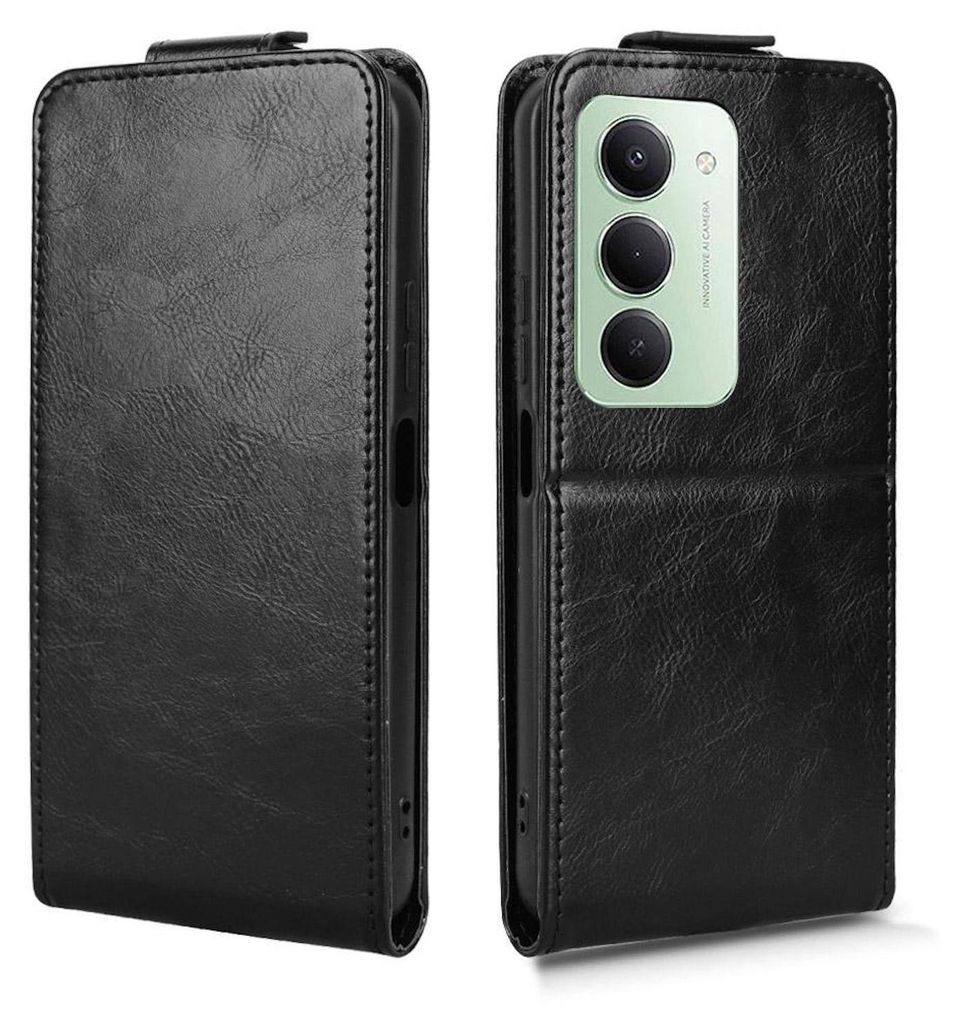 A black flip case for a smartphone is shown from two angles, one closed and one open to reveal the phone's camera.