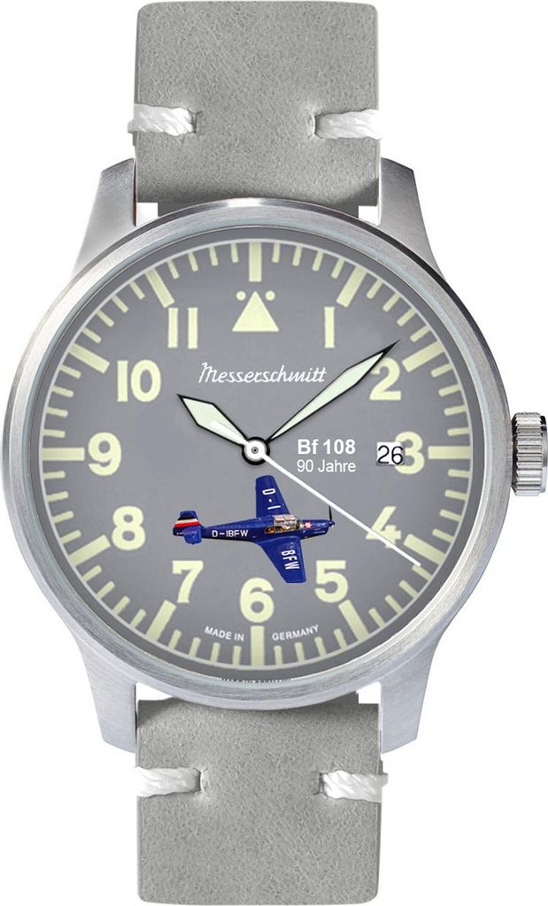 Messerschmitt Fliegeruhr - Herren mit Geschichte - Ronda 515 - Leuchtzeiger - graues Lederarmband - ME-42BF108-M