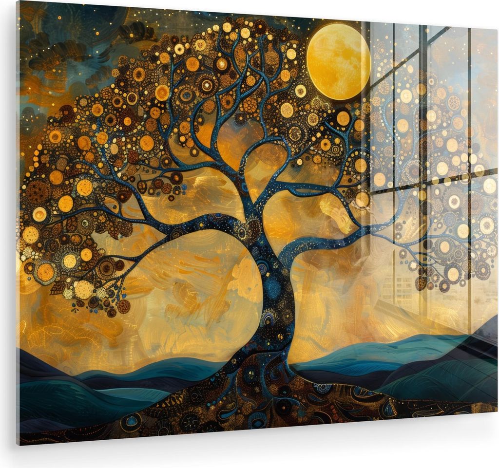 MuchoWow Glasbilder - Bilder auf Wandbild - Foto auf Glas Baum - Industriell - Abstrakt - Gelb 80x60 cm Wanddekoration aus Glas - Acrylglasbild - A...