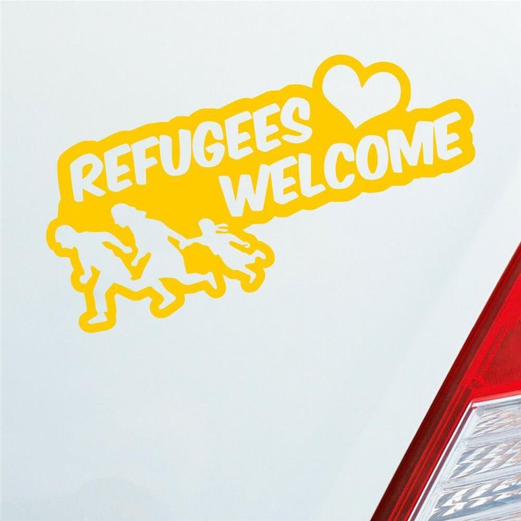 Auto Aufkleber Refugees Welcome Flüchtlinge Willkommen 20x9 cm Gelb Sticker Heckscheibenaufkleber