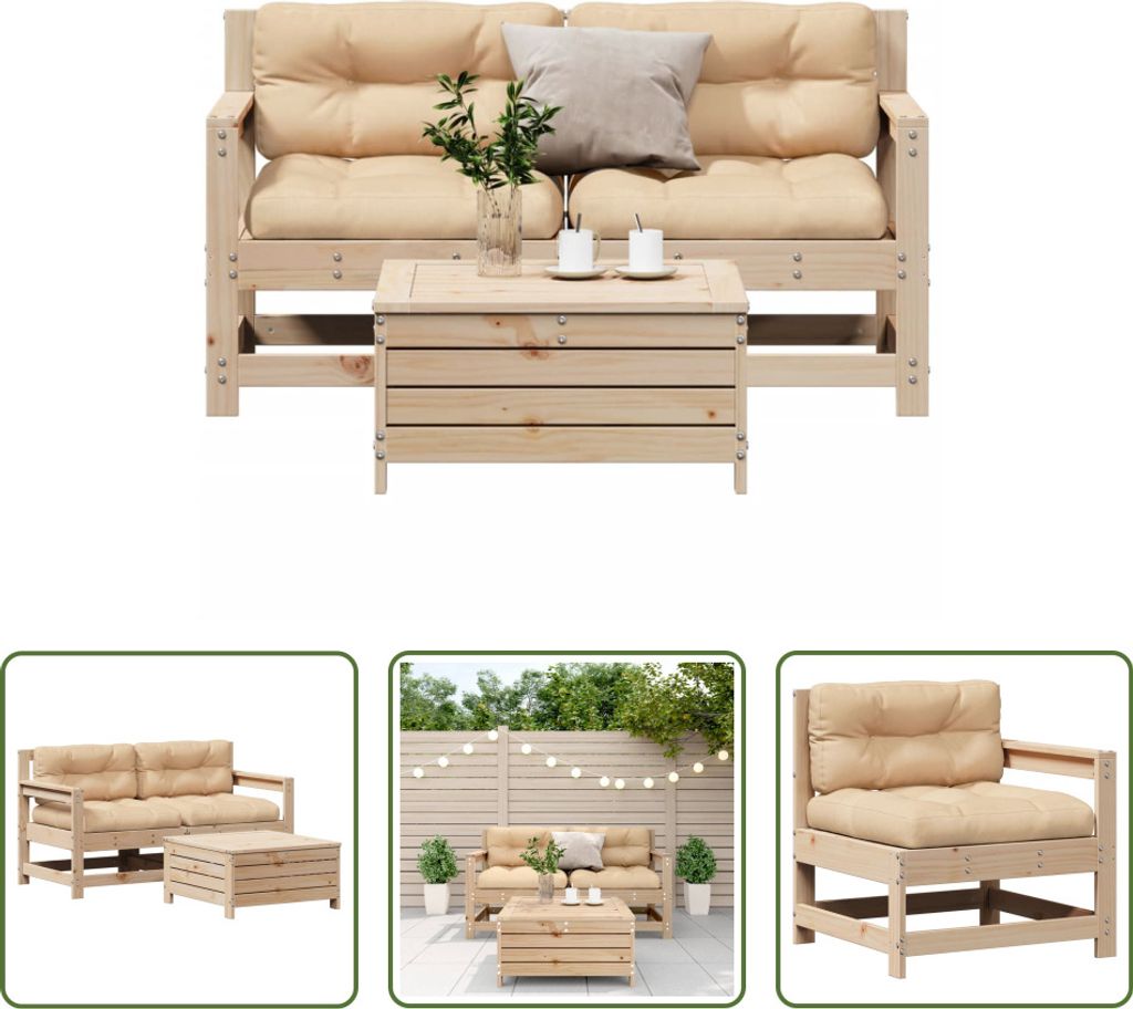 The Living Store 3-tlg. Garten-Lounge-Set mit Kissen Massivholz Kiefer