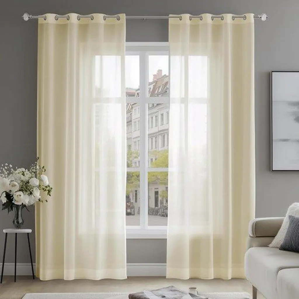Voilage court beige aspect coton 140x137 cm - Paire de rideaux tamisants