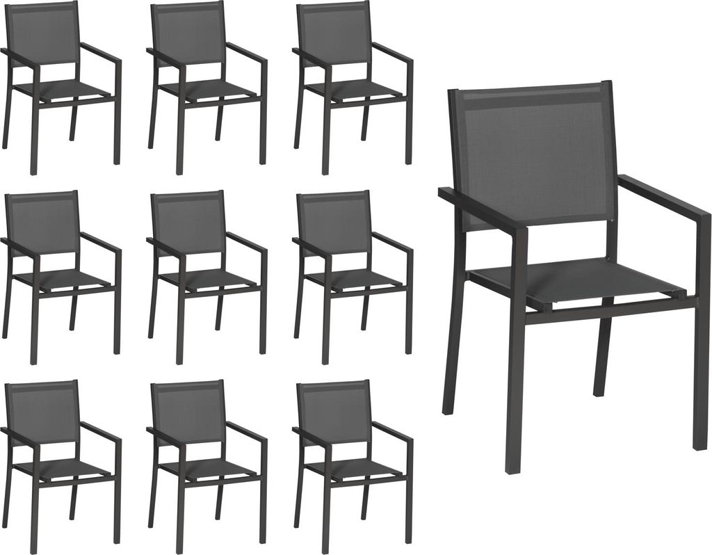 10er Set Stühle aus anthrazitfarbenem Aluminium - graues Textilene