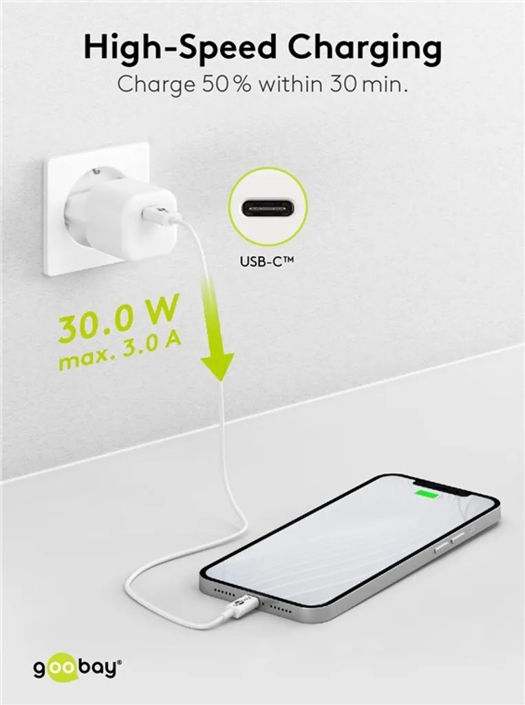 Chargeur rapide iPhone 12 avec câble USB-C vers Lightning 30W blanc