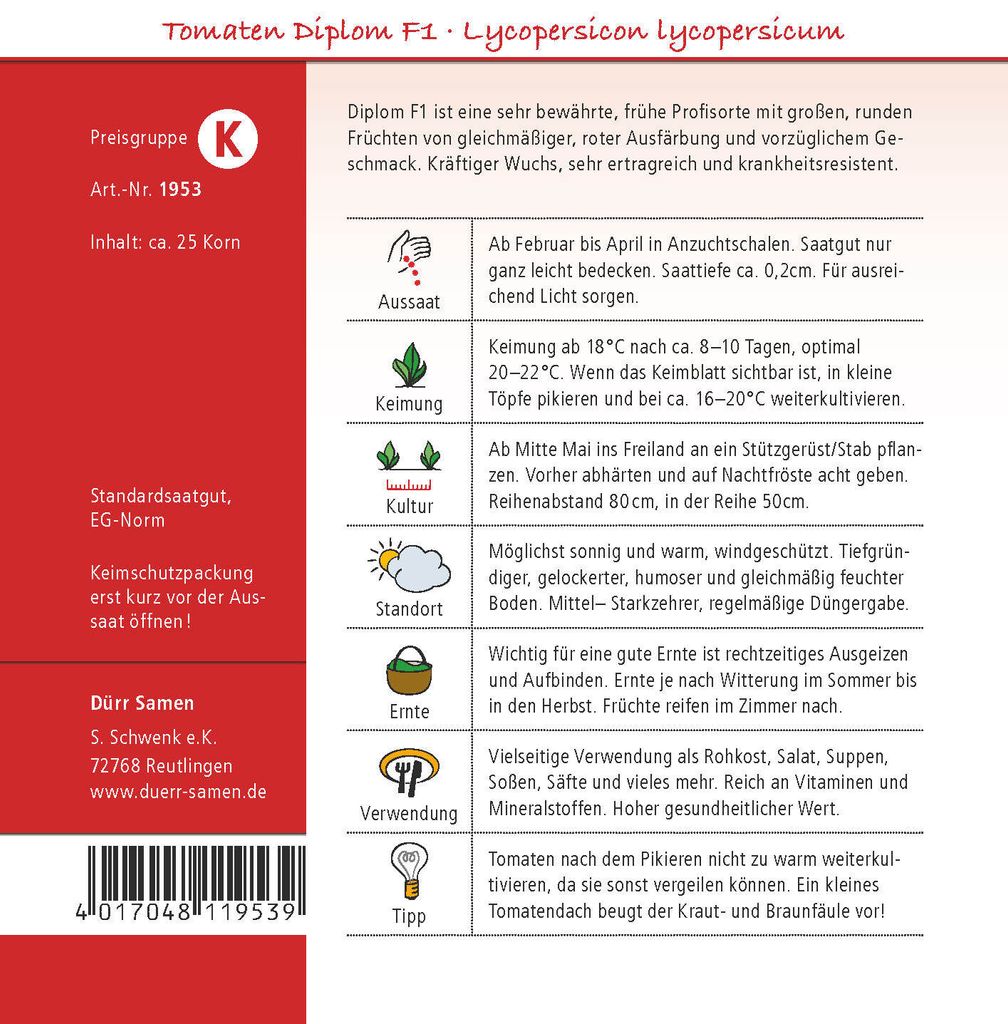 Tomaten-Samen Diplom F1 Hybride – Frühe Sorte, Ertragreich, Krankheitsresistent, Ca. 25 Korn