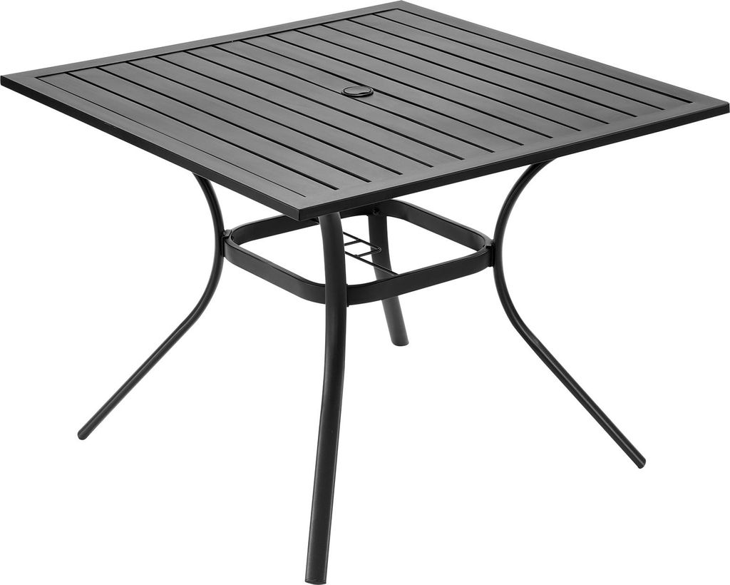 SucceBuy Quadratischer Terrassentisch (94 x 94 cm) aus robustem Kohlenstoffstahl für Garten, Balkon und Terrasse, wetterbeständig, mit Schirmloch...