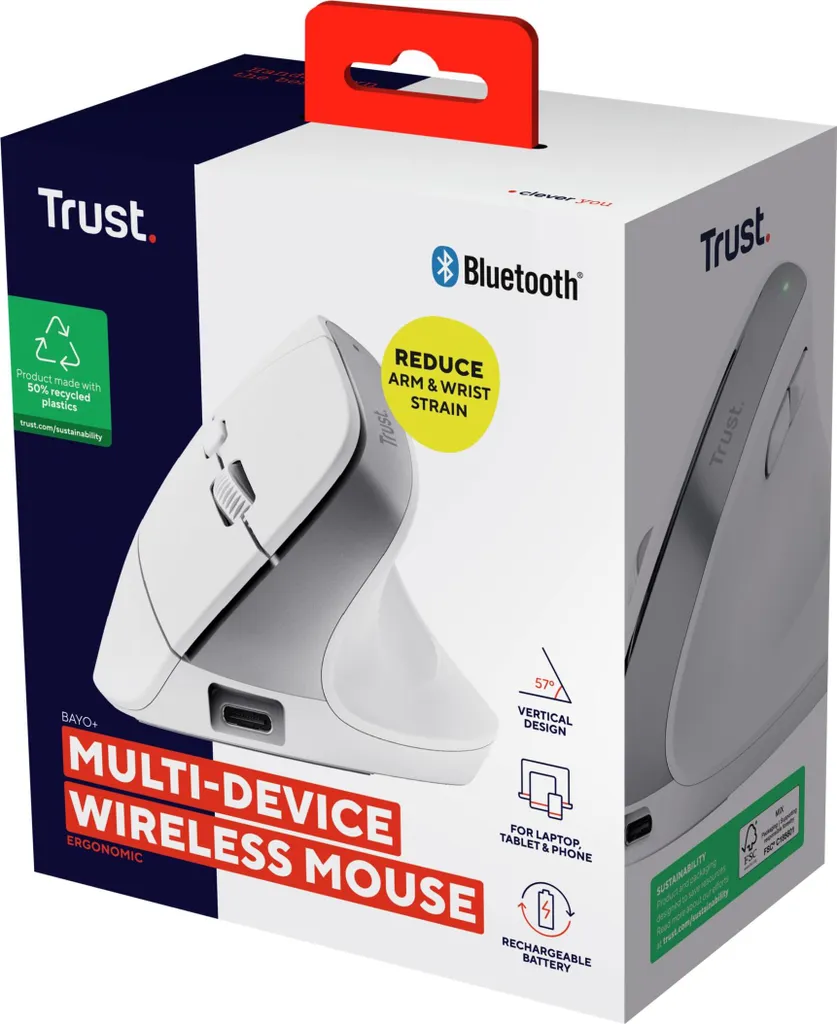 Souris verticale sans fil Trust Bayo+ rechargeable coloris blanc pur