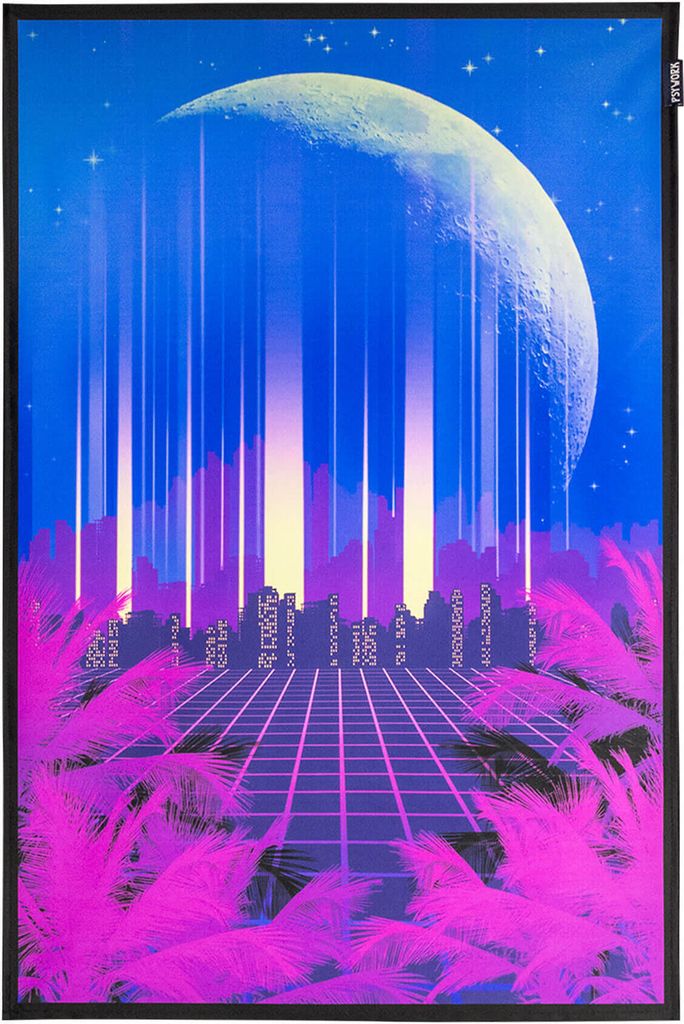 PSYWORK Schwarzlicht Stoffposter Neon "Vaporware 80 Skyline", 40x60cm