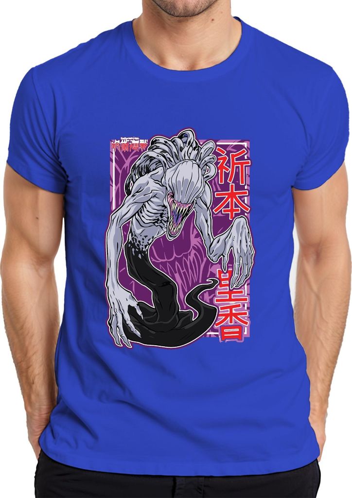 Eldritch Monster mit Klauen und Kanji Horror Geschenk Halloween Herren T-Shirt, Blau, XL