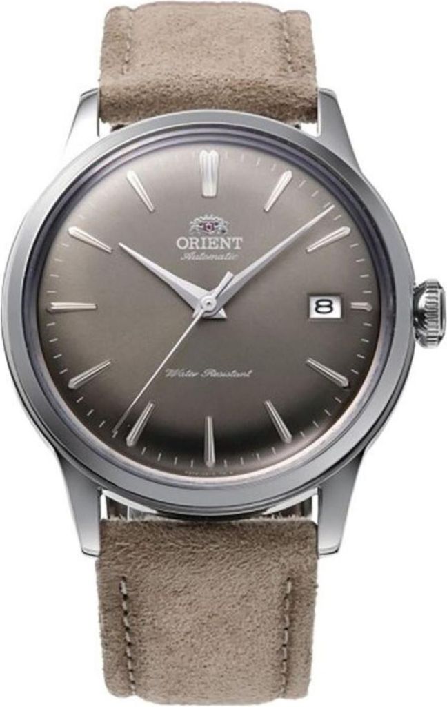 A close-up studio shot of an Orient watch with a brown strap.