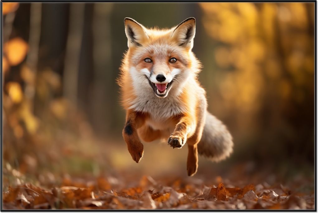Wallario Wandbild Rennender Fuchs, Größe: 61 x 91,50 cm, Poster mit schwarzem Aluminiumrahmen