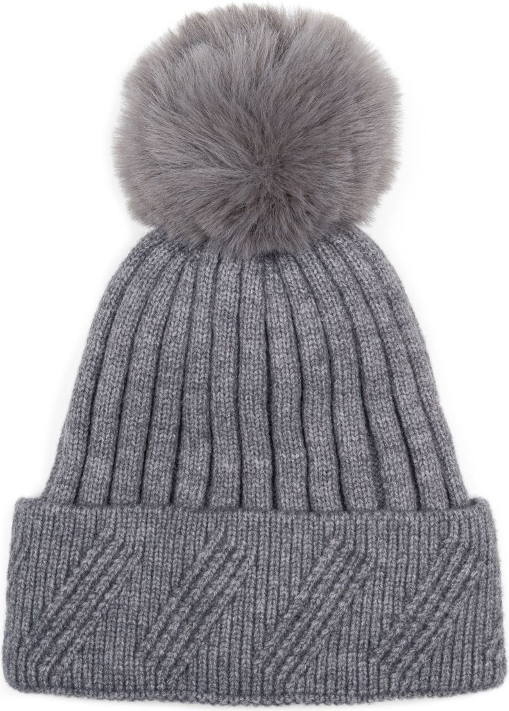 styleBREAKER Damen Strick Bommelmütze Einfarbig mit Rippen Muster und Fleece Futter, Winter Mütze, Strickmütze 04024198