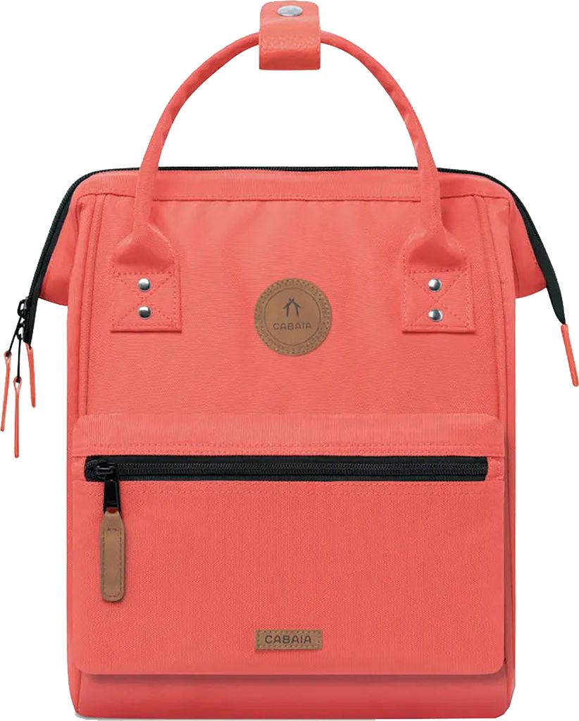 A studio shot of a coral-colored backpack.