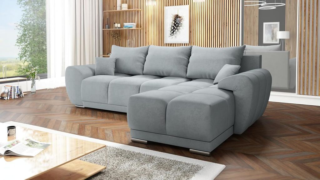 Easy Furniture Velvet Ecksofa in L-FORM Universelle Seitenauswahl 289 x 189 cm - Sofa mit Schlaffunktion - Schlafsofa mit Bettkasten - Farbe: Grau