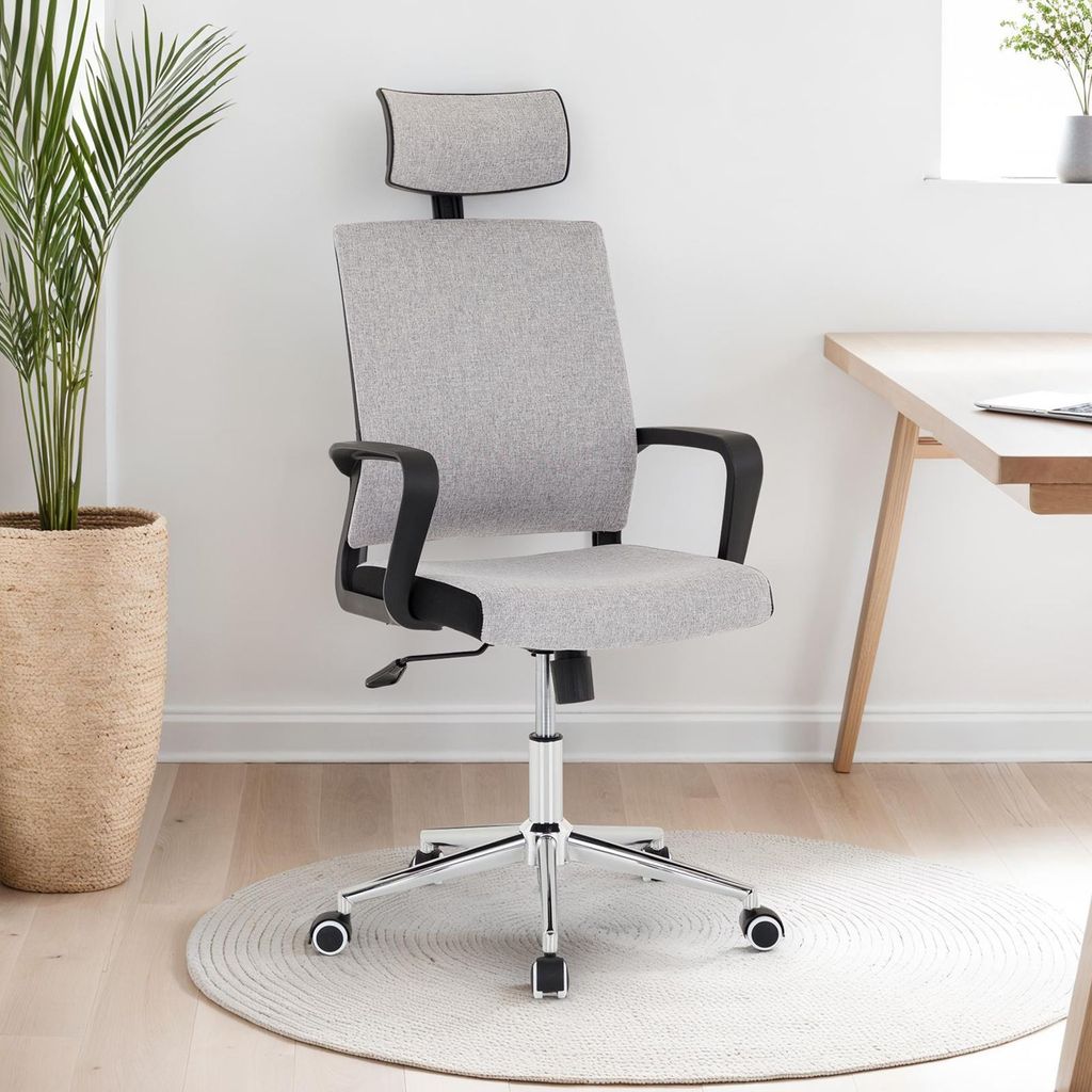 Bürodrehstuhl Herry mit Kopfstütze und Armlehnen in grau. Ergonomischer Bürostuhl mit verstellbarer Sitzmechanik, Höhenverstellbar und Kippfunk...