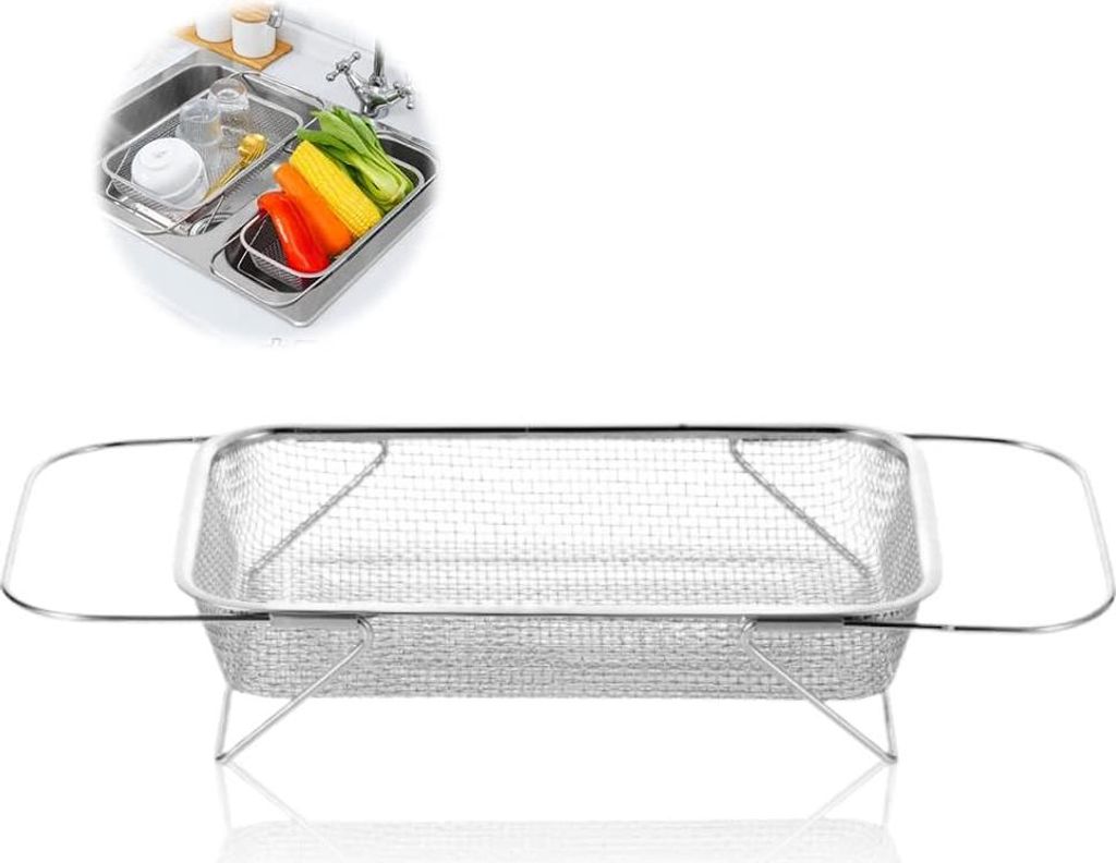 Erweiterbares Abtropfsieb aus rostfreiem Stahl - feinmaschiger Siebkorb zum Abspülen - Obst und Gemüse