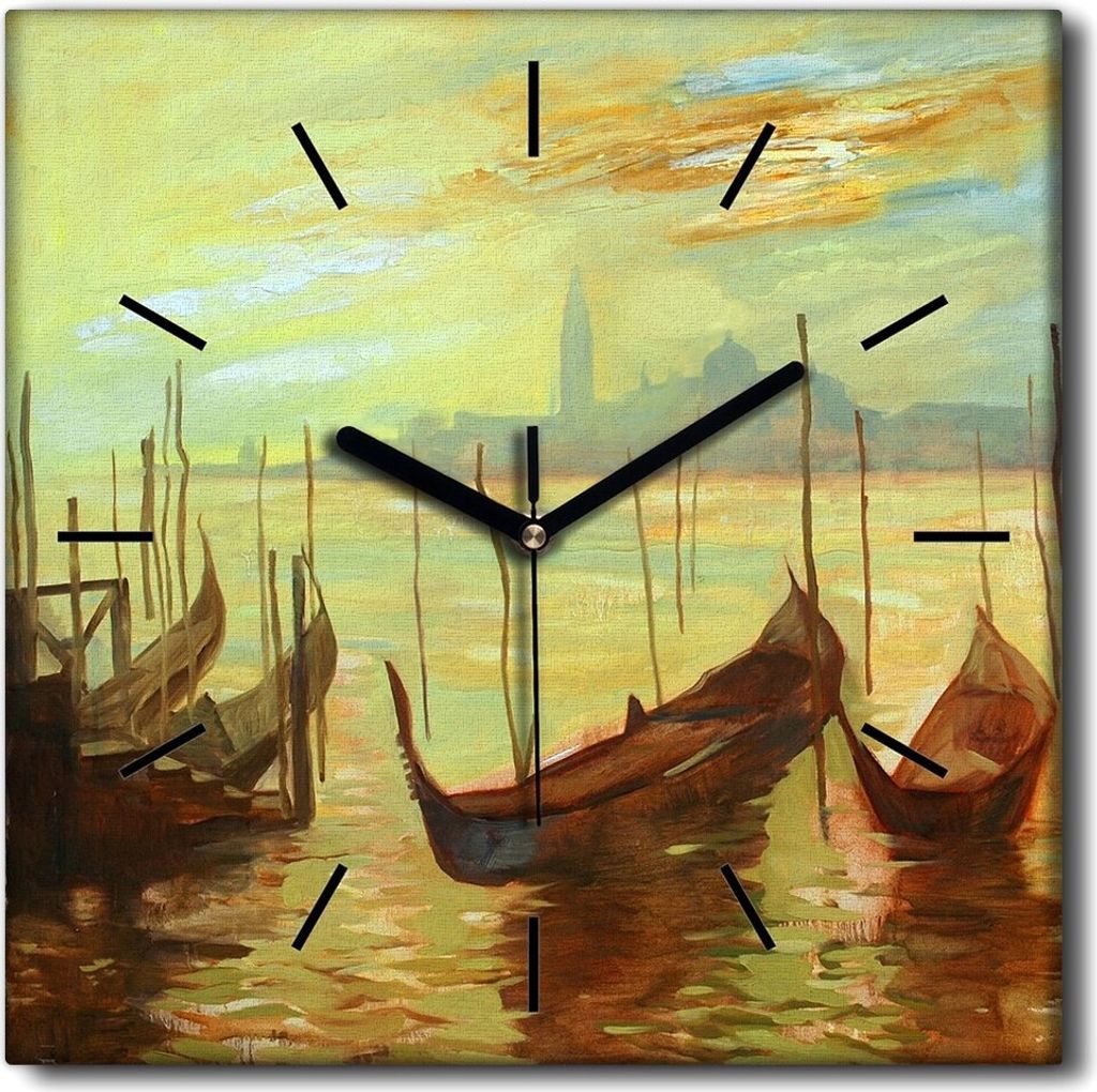 Coloray Uhr auf Leinwand 30x30 cm Wand Uhr Dekoration Wohnzimmer Segeltuch schwarze Hände -Venedig-Gondeln.