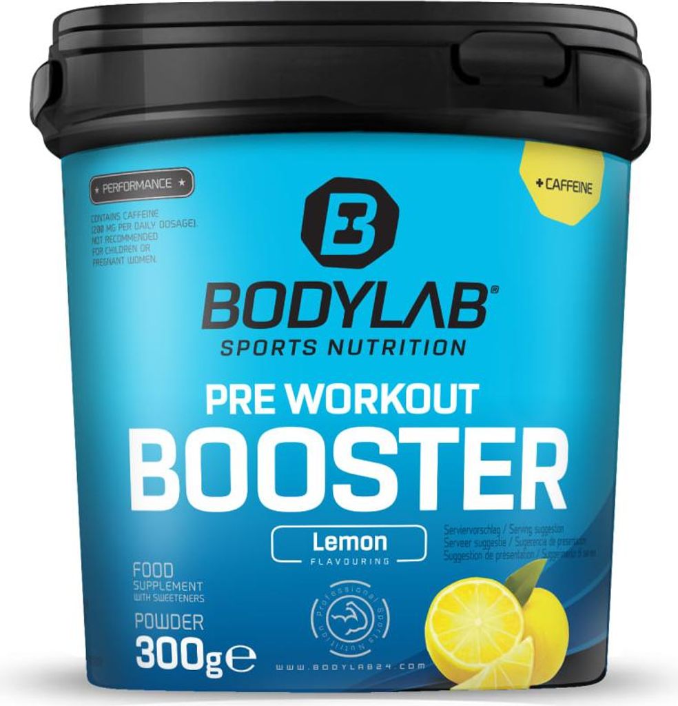A product shot of a container of BODYLAB Pre Workout Booster.