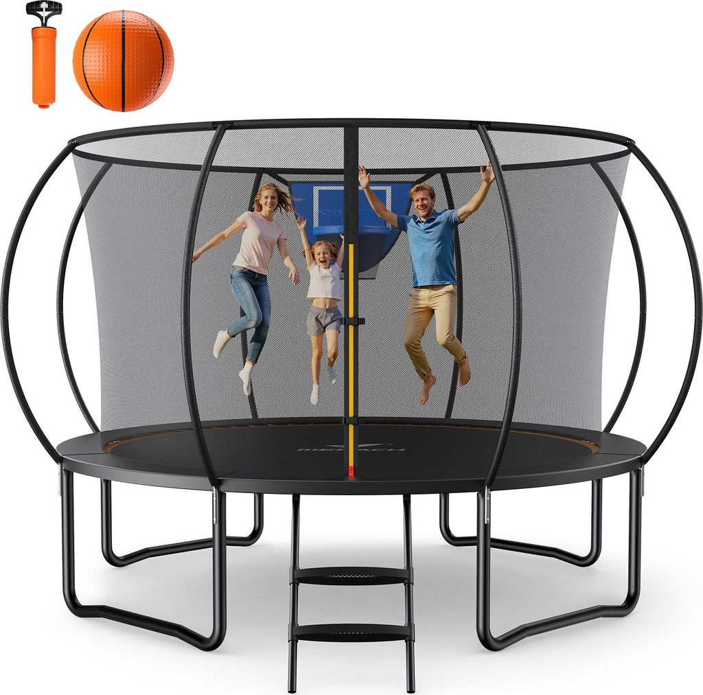 Gartentrampolin Trampolin Ø366, Kindertrampolin, Trampolin Outdoor mit Sicherheitsnetz, Anti-Rutsch-Leiter, Sprungtuch, Basketball-Set, Gewicht 15...