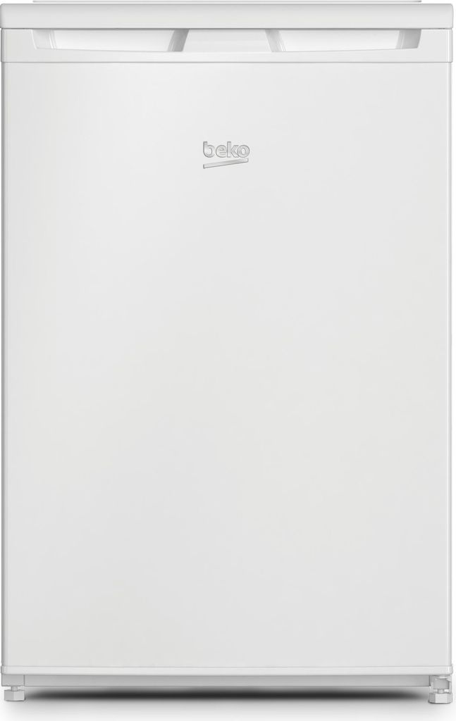 A front-facing studio shot of a white refrigerator.
