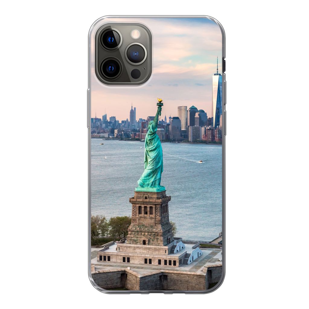 MuchoWow Handyhülle Schutzhülle Hülle für iPhone 12 Pro Freiheitsstatue mit der Skyline von New York Silikon Softcase Handy Hülle - Abdeckung