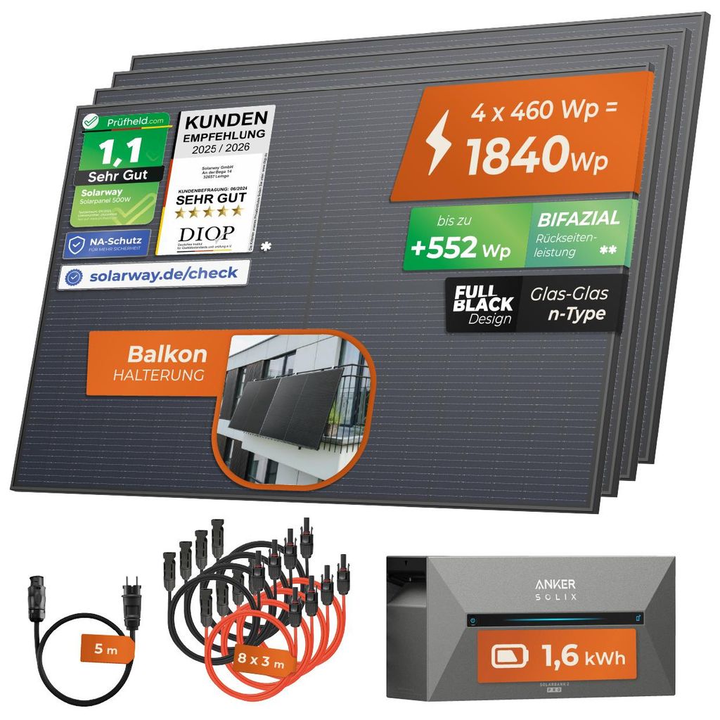 Solarway®️ 1840Wp / 800W Balkonkraftwerk mit 1,6 kWh Produktbild 