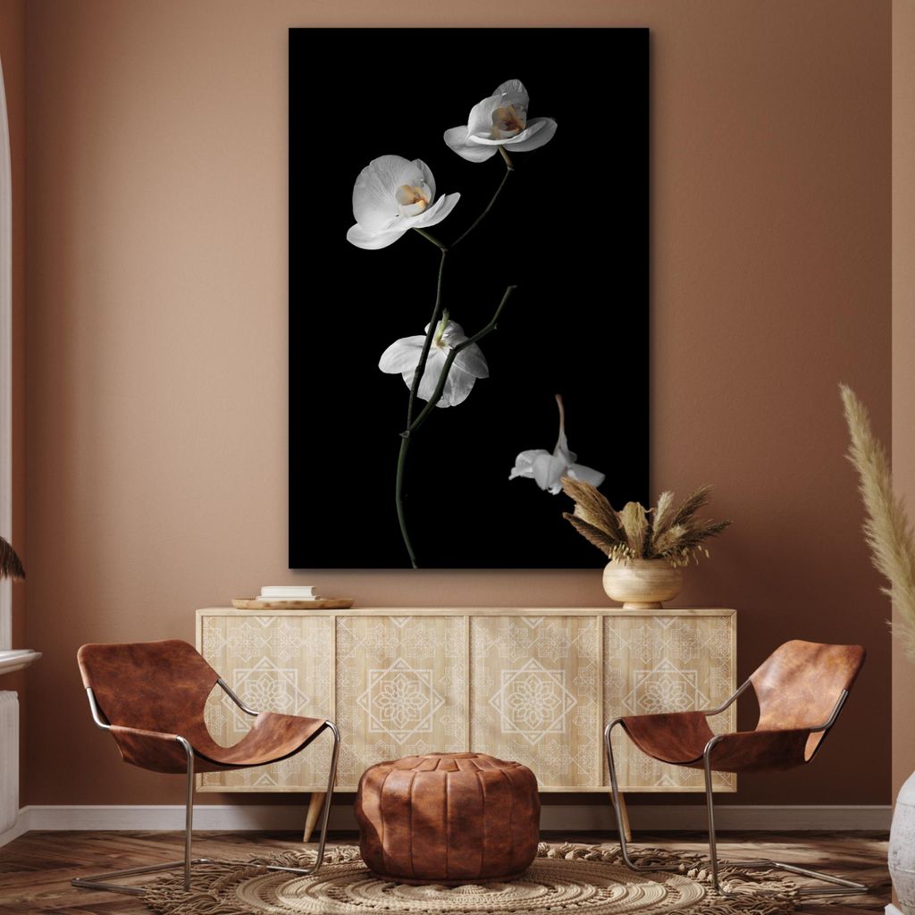 MuchoWow Wanddekoration Metall Metallbild Wandkunst 100x150 cm Orchidee - Blumen - Schwarz - Weiß - Stilleben MuchoWow Aluminium Gemälde - Bild