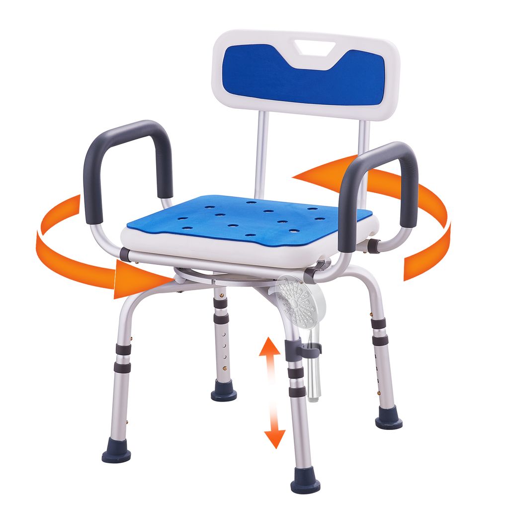 A shower chair with armrests and a backrest, shown on a white background with orange arrows indicating rotation and height adjustment.