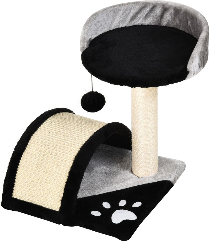 A cat tree with a scratching post, a tunnel, and a hanging toy.