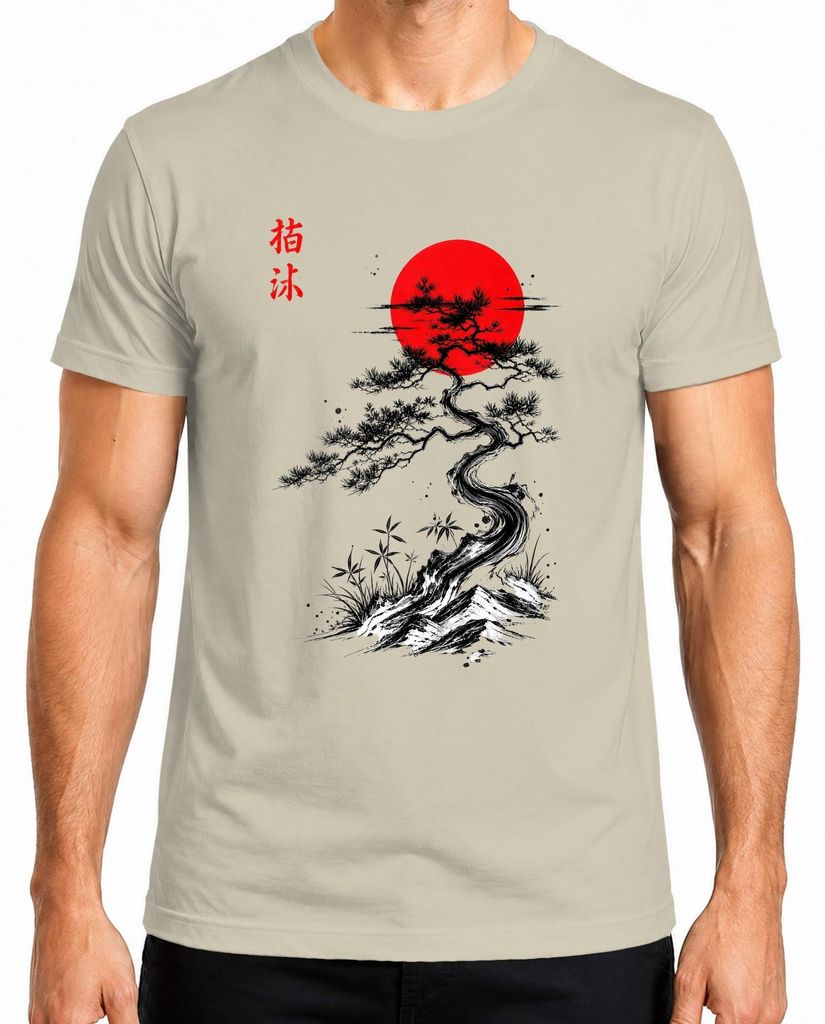 Japan Bonsai Kiefer Rote Sonne Kanji Zen Asien Y2K Nippon Fernost Herren T-Shirt, Natur, 3XL