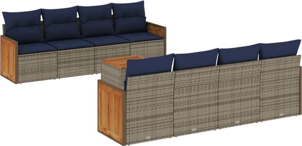 9-teiliges Gartensofa-Set mit Kissen, grau, Polyrattan